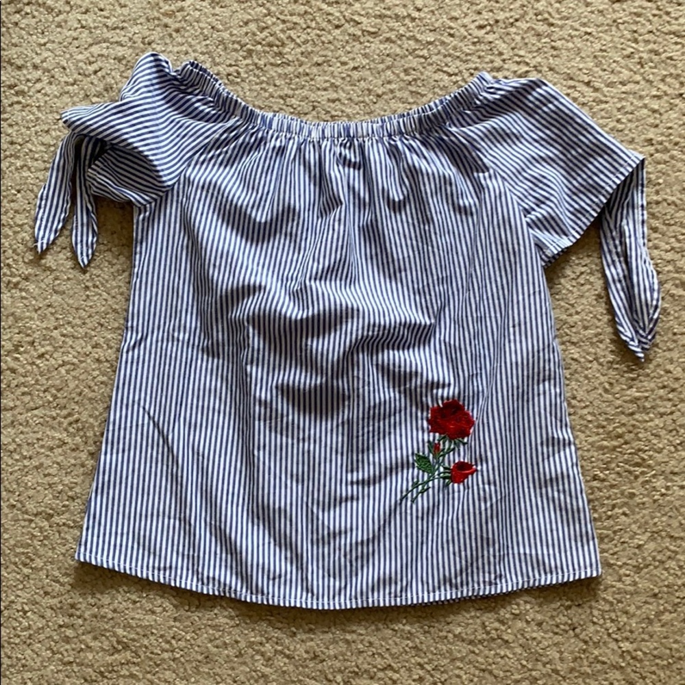 off shoulder blue and white rose shirt